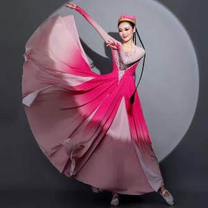 Pink Chinese folk Xinjiang dance dresses for women girls ethnic minorities Uyghur performance costumes art examinations swing skirts