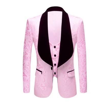 Pink color men's youth jazz dance singers host stage performance blazers coats jacquard lapel black velvet collar suit two-piece solo emcee's performance dress suits