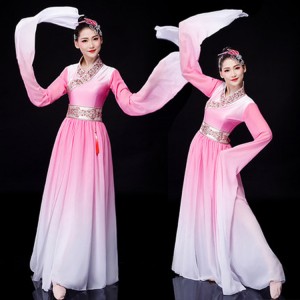 pink colored Women' s chinese folk dance dresses water sleeves hanfu traditional yangko stage performance umbrella dresses