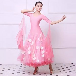 Pink flowers ballroom dance dresses for women girls foxtort smooth tango waltz flamenco rhythm training exercises stage performance long gown for female