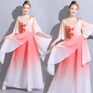 Pink gradient Chinese folk Classical dance costumes for women girls fairy hanfu dance dresses elegant Fan dance set Art examination dance national costumes
