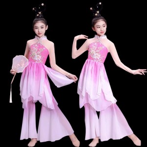 Pink gradient chinese folk dance costumes for kids girls children ancient traditional classical dance fairy princess competition dance hanfu umbrella dance wear for girls