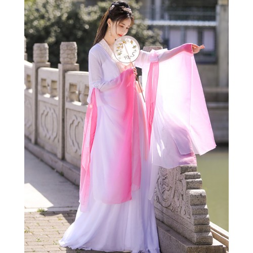 Pink Gradient colored Chinese Fairy Hanfu for women girls Han Tang Ming Song Dynasty performance film cosplay ancient folk costumes for female