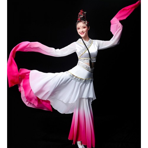Pink Gradient colored waterfall sleeves chinese folk dance costumes for women girls fairy hanfu jinghong dance dresses ancient traditional fan umbrella dance dress for female
