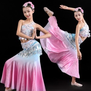 Pink gradient Dai peacock dance dresses for girls kids children belly dance mermaid skirts Thailand style performance costumes for Girls