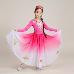 Pink gradient Xinjiang Dance Dresses for kids girls Uyghur dance costumes for children Xinjiang dance costumes children ethnic clothing Practice clothes