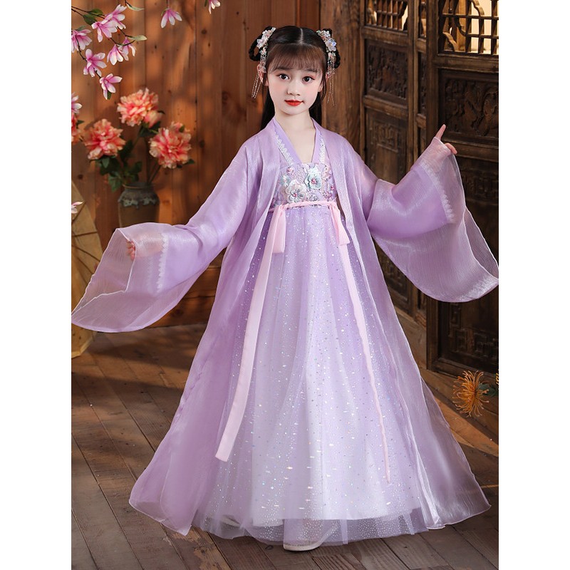 Pink light purple blue fairy dress Hanfu for girls children chinese ancient folk costume fairy skirt Tang Dynasty queen princess dance dress guzheng performance costume
