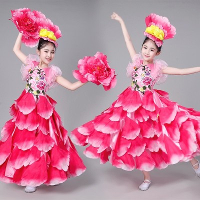 pink petals flamenco dresses for girls opening dance big swing ballroom dance skirt kindergarten Girls' modern dance chorus choir performance dresses