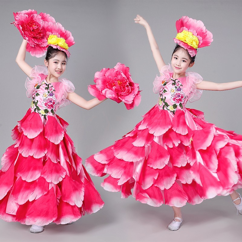pink petals flamenco dresses for girls opening dance big swing ballroom dance skirt kindergarten Girls' modern dance chorus choir performance dresses