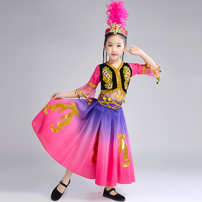 Pink purple Xinjiang dance dresses for girls kids children little Guli Uyghur kids western style ethnic dance costumes for children