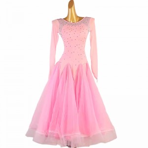 Pink rhinestones competition ballroom dance dresses for women girls waltz tango foxtrot smooth dance long gown party modern dance large swing skirts for girls 
