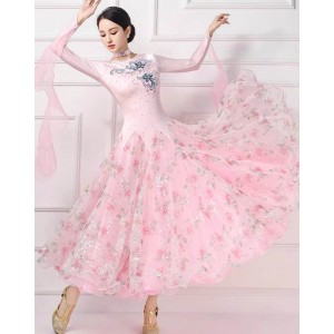 Pink rose flowers floral ballroom dance dresses for women girls foxtrot smooth ballroom waltz dancing competition long gown 720degree slorts for female