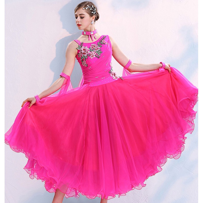 Pink royal blue yellow colored girls women ballroom dancing dresses embroidered pattern waltz tango dance dresses