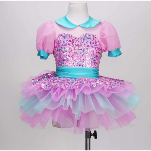 Pink turquoise sequins tutu skirts ballet dance dress for kids toddlers girls modern jazz dance princess dress party choir performance outfits for children