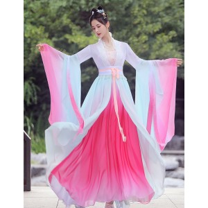 Pink with blue gradient Hanfu Fairy Chinese Princess dress For women Chinese ancient folk costume wide sleeves traditional yangge umbrella fan classical dance clothes for female