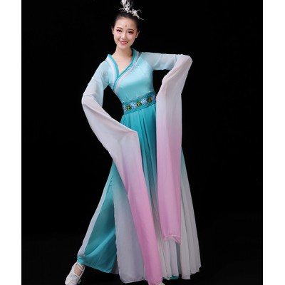 Pink with blue gradient Waterfall sleeve chinese folk dance dresses classical fairy princess  Jinghong dance swing sleeve costumes Hanfu Caiwei performance dress 