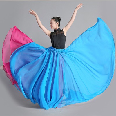 Pink with blue patchwork double layers flamenco spanish bull dance big swing skirts classical xinjiang dance skirts for women