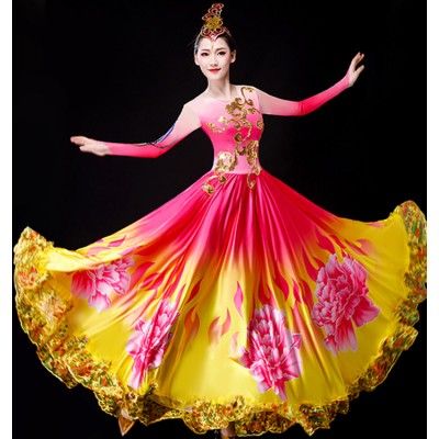 Pink with gold flamenco dresss spanish bull dance dress rose flowers opening dance ballroom dress 