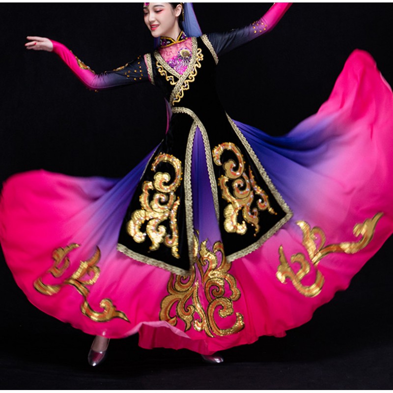 Pink with violet gradient Xinjiang Dance dress for women girls Chinese Uygur folk Dance costume Minority Long Skirt Art Test Solo Costume