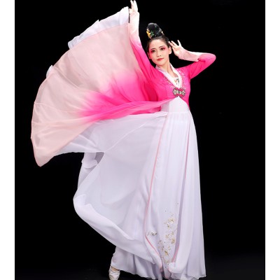 Pink with white gradient Chinese folk dance dress fairy hanfu Tao Li Cup Chinese Folk Traditional Classical Dance Costume for Women with headdress
