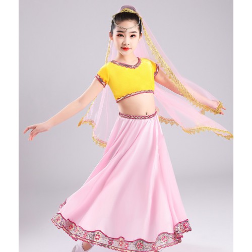 Pink with yellow Indian queen belly dance costumes for girls children belly dance dresses Tianzhu girls Xinjiang ethnic dance costumes girls