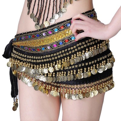 Practice belly dance sequined skirt Indian queen dance performances Belly dance waist Skirt hip scarf for women girls coins waist chain double row skirt
