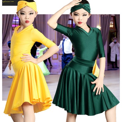 Professional Girls  yellow dark green Latin Dance Dresses Competitive Children Latin dance big skirt one-piece without fish bone skirt