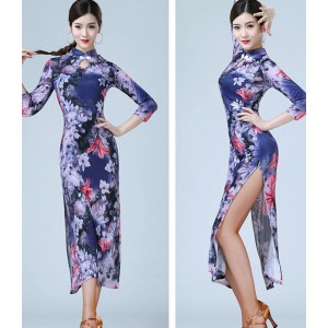 Purple floral Latin dance dresses for women competition latin dance qipao dresses rumba chacha dance dress oriental stage performance cheongsam dress for lady