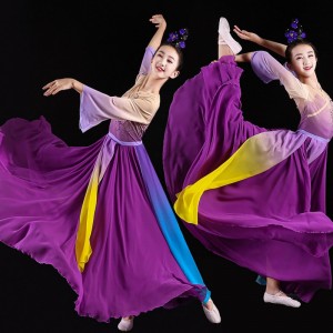 Purple gradient Chinese folk classical dance costumes for girls kids children flowing fairy princess holiday carnival competition Asian performance dress for kids