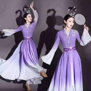 Purple Gradient chinese folk Classical dance costumes for women girls Hanfu Umbrella Dance Empress dance  Drama film Art Examination Solo Dance wear