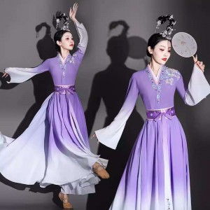 Purple gradient chinese folk Classical dance costumes for women girls Oriental Asian traditional Han Tang  dance hanfu fairy dress Umbrella art examination solo dance wear