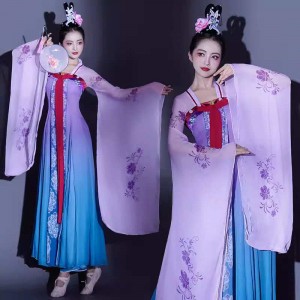 Purple gradient chinese folk Classical dance costumes purple pink hanfu dresses women Han Tang dynasties Queen Empress princess cosplay dress wide sleeves