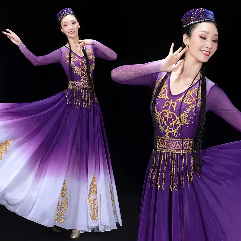 Purple gradient Xinjiang dance dresses women girls Wei ethnic national wind art exam solo dance opening dance large swing skirt stage performance costumes