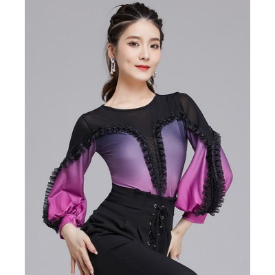 Purple orange gradient colored ballroom dancing bodysuits for women girls ruffles front waltz tango foxtrot smooth dance jumpsuits leotards catsuits for female
