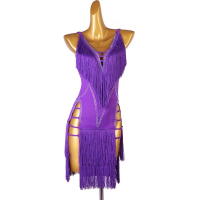 Purple royal blue fringe latin dance dresses for women girls black red tassels v neck salsa rumba chacha performance costumes for female
