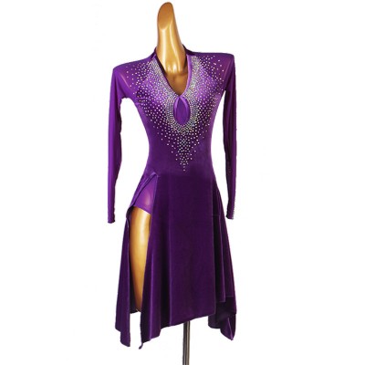 Purple velvet with mesh long sleeves diamond latin dance dresses for women competition modern dance ballroom rumba salsa chacha dance dress for lady