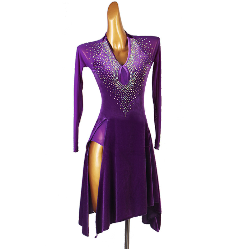 Purple velvet with mesh long sleeves diamond latin dance dresses for ...