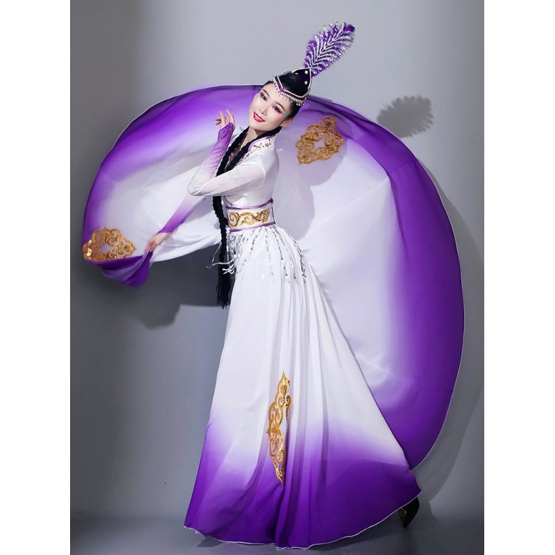 Purple violet gradient Xinjiang dance dresses for girls woman Uighur ethnic dance costumes Minority Uyghurs Dance practice long skirt