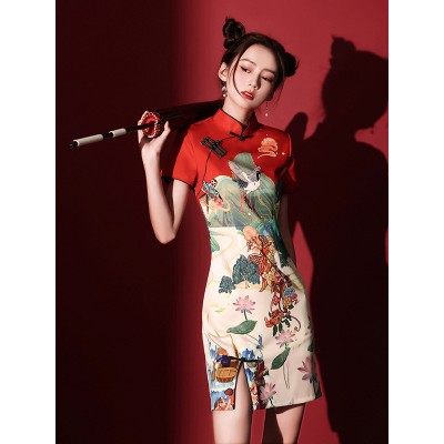  qipao dress paragraphs short improved red young female Retro Chinese Dresses Qipao Side slit Asian Theme Party Cosplay Dresses for women girls 