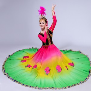 Rainbow chinese folk dance costumes for female women ancient traditional xinjiang minority belly cosplay dresses