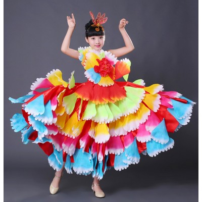 Rainbow colored flamenco dress for girls kids petals  flowers stage performance spanish folk bull dance dresses