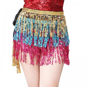 Rainbow colored latin salsa cha cha dance skirts for women girls belly dance tassel waist chain sequins hip scarf India Bohemian  prom party dress up practice short skirt