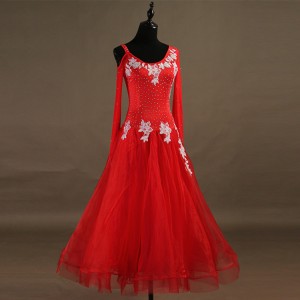 Red ballroom competition dresses for girls women's stage performance waltz tango long length dresses skirts