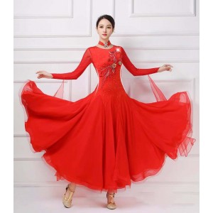 Red ballroom dance dresses for women girls competition professional float sleeves waltz tango foxtrot smooth dance long gown for female large swing skirts