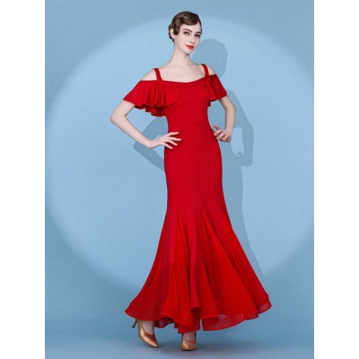 Red Black Blue dew shoulder ballroom dance dresses for women girls junior foxtrot waltz tango flamenco rhythm smooth dance long gown for lady 
