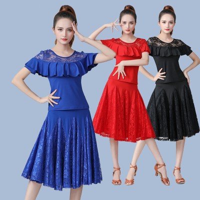 Red black blue lace Latin dance dresses for women girls lace swing skirts short sleeve ballroom salsa chacha dance Three step dance costumes