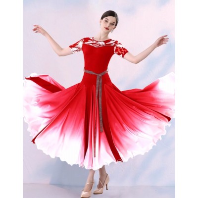 Red black gradient floral printed lace ballroom dance dresses for women girls foxtrot smooth tango waltz practice training performance costumes for female