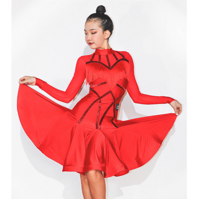 Red Black white tassels competition Latin dance dress for women girls long-sleeved fringed rumba salsa chcha Dance Performance Costume
