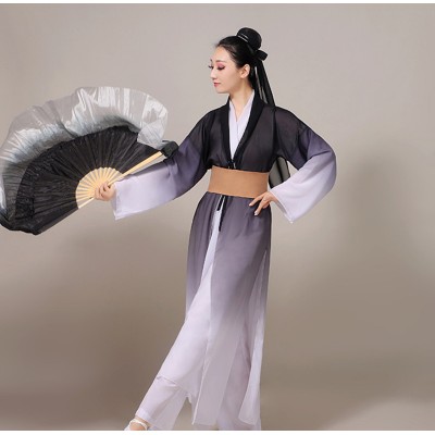 Red black with white gradient chinese folk Classical dance costume hanfu female fan umbrella yangko performance costume fairy princess dance dress
