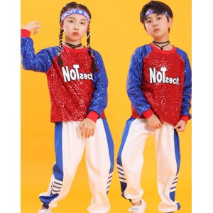 Red blue sequins jazz dance costumes for girls boys gogo dancers rapper street dance cheerleading performance uniforms children modern dance clothes